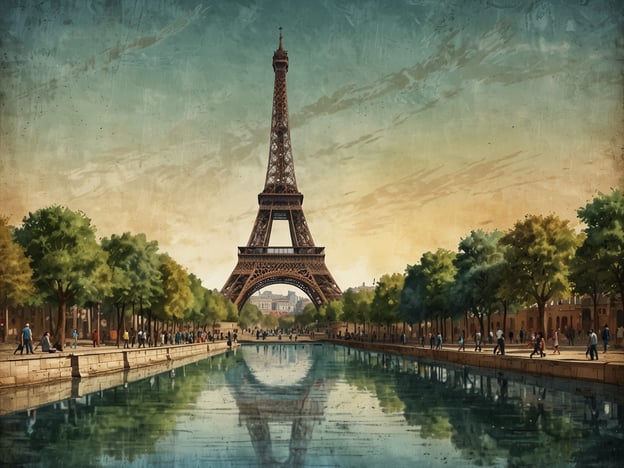 Auf dem Bild ist der Eiffelturm in Paris zu sehen, umgeben von einer schönen Landschaft mit Bäumen und einem Gewässer, das seinen majestätischen Anblick reflektiert.
Aktivitäten, die Menschen hier unternehmen könnten, sind Spaziergänge entlang des Wassers, Picknicks in den Parkanlagen und das Erkunden der Umgebung. Besucher könnten auch die Aussichtsplattform des Eiffelturms besichtigen und die atemberaubende Aussicht über die Stadt genießen.