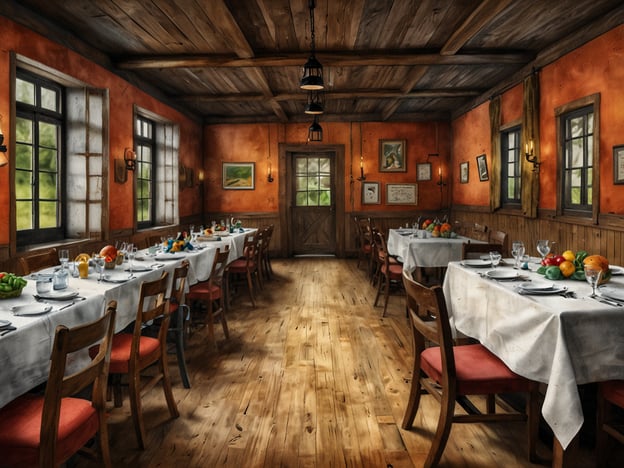 Auf dem Bild ist ein gemütliches und einladendes Restaurant zu sehen, das mit Holzpaneelen und warmen, orangefarbenen Wänden gestaltet ist. Die Tische sind festlich gedeckt mit weißen Tischdecken und glänzendem Geschirr, was auf ein schmackhaftes kulinarisches Erlebnis hinweist.
Die Bänke sind rustikal und laden dazu ein, sich bei einem guten Essen zu entspannen. Auf den Tischen befinden sich verschiedene frische Früchte und Gläser, die auf erfrischende Getränke hindeuten. Die große Fensterfront lässt viel Licht herein und sorgt für eine angenehme Atmosphäre, ideal für eine gesellige Runde oder ein stilvolles Dinner.
Dieses Ambiente legt den Grundstein für unvergessliche kulinarische Erlebnisse, sei es bei festlichen Anlässen oder einer entspannten Mahlzeit mit Freunden und Familie.