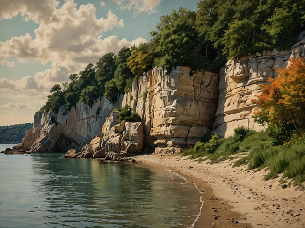 Auf dem Bild ist eine landschaftliche Küstenansicht zu sehen. Hohe, weiße Felsen ragen über das ruhige Wasser, und die Umgebung ist von grünen Bäumen und Pflanzen umgeben. Der Sandstrand lädt zu einem entspannenden Spaziergang am Ufer ein, während die sanften Wellen des Wassers gegen die Steine plätschern.
Für einen Ausflug in die Umgebung könnte man die Klippen hinaufsteigen, um eine atemberaubende Aussicht auf das Meer und die Küste zu genießen. Alternativ bietet sich ein kleiner Spaziergang durch das Gras und die Wälder an, wo man die Natur hautnah erleben kann. Ein Picknick am Strand wäre ebenfalls eine wunderbare Möglichkeit, die Schönheit der Landschaft auszukosten.