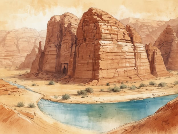 Eine malerische Wüstenlandschaft in Jordanien mit imposanten roten Felsformationen und einer sanft geschwungenen Wasserstelle. Im Vordergrund schlängelt sich ein kleiner Fluss durch die trockene Umgebung, umgeben von wenigen grünen Pflanzen. Die umliegenden Berge zeichnen sich durch sanfte, erdige Töne aus, während der Himmel in einem hellen Beige schimmert. Diese Szenerie vermittelt das Gefühl von Ruhe und der majestätischen Weite der Wüste.