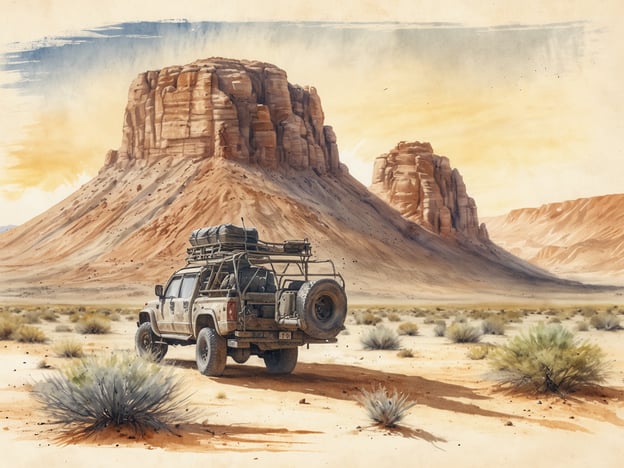 Ein geländegängiges Fahrzeug steht in der Wüste Namibias vor majestätischen roten Felsformationen. Die Landschaft ist geprägt von sanften Sanddünen und spärlichem Bewuchs, während der Himmel in warmen Gelb- und Orangetönen leuchtet. Das Fahrzeug ist mit Gepäck und Ausrüstung beladen, bereit für ein Abenteuer in der Wildnis. Der Anblick vermittelt ein Gefühl von Freiheit und Entdeckung in einer unberührten Natur.