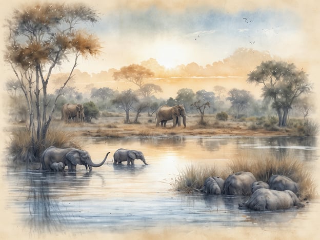 Eine friedliche Szene in Botswana, die eine Gruppe von Elefanten zeigt, die in einem ruhigen Gewässer im Vordergrund stehen. Zwei Elefanten-Kälber spielen im Wasser, während weitere Elefanten im Hintergrund am Ufer stehen. Umgeben von sanften Hügeln, Bäumen und einem mystischen Morgenlicht, vermittelt das Bild eine entspannende und naturnahe Atmosphäre. Kleine Vögel sind am Himmel sichtbar und verleihen der Landschaft Leben.