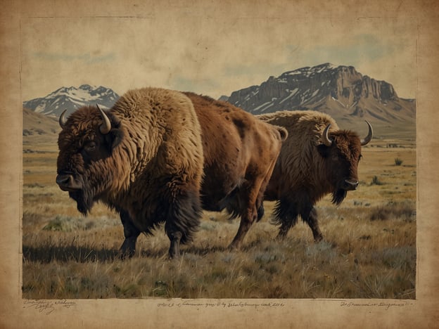 Auf dem Bild sind zwei amerikanische Bisons in einer weiten, natürlichen Landschaft zu sehen, die von Bergen im Hintergrund flankiert wird. Diese majestätischen Tiere sind Symbolfiguren der nordamerikanischen Prärie und spielen eine zentrale Rolle in der Kultur vieler indigenen Völker, die sie als Nahrungsquelle und spirituelles Symbol verehren.Historisch gesehen waren Bisons in der nordamerikanischen Geschichte extrem wichtig, insbesondere für die Plains-Indianer, die sie für ihre Ernährung, Kleidung und Materialien nutzten. Die Massentötung von Bisons im 19. Jahrhundert, insbesondere durch europäische Siedler, führte jedoch zu einem dramatischen Rückgang ihrer Population und hatte tiefgreifende Auswirkungen auf die Ökosysteme und die Lebensweise der indigenen Völker.Der dargestellte Ort erinnert auch an die atemberaubende natürliche Schönheit der Rocky Mountains und der Great Plains, die für ihre vielfältige Flora und Fauna bekannt sind. Diese Region ist nicht nur von ökologischer Bedeutung, sondern auch reich an kultureller Geschichte, die bis zu den frühesten menschlichen Siedlungen zurückreicht.
