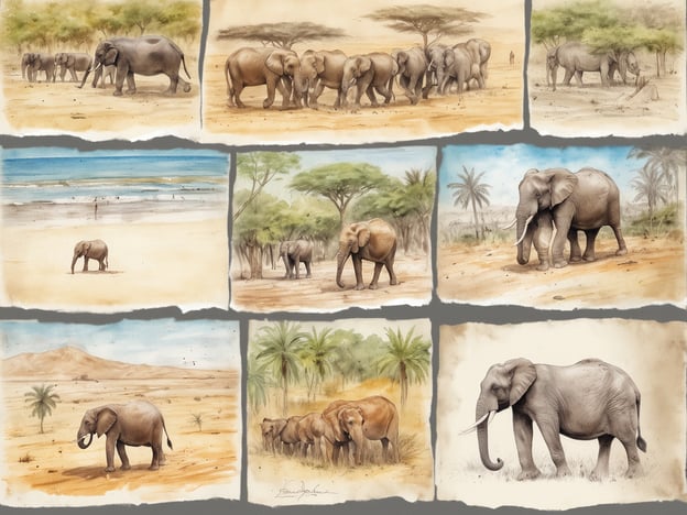 Auf dem Bild sind verschiedene Aquarellillustrationen von Elefanten in unterschiedlichen Umgebungen zu sehen. Die Szenen zeigen Elefanten, die in der Savanne, am Strand und in bewaldeten Gebieten umherwandern. Einige Bilder zeigen Elefanten am Meer, während andere in trockenen Landschaften mit Bergen und Palmen dargestellt sind. Die Variationen der Hintergründe vermitteln das Gefühl einer Safari in Tansania, wo Natur und Strand aufeinander treffen.