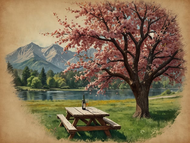 Auf dem Bild ist eine malerische Landschaft zu sehen, die von einem blühenden Baum, grünen Wiesen, einem ruhigen Gewässer und Bergen im Hintergrund geprägt ist. Ein Holzpicknicktisch mit einer Flasche steht im Vordergrund, was eine einladende Atmosphäre schafft.Die beste Reisezeit für British Columbia ist in der Regel von Mai bis September, wenn das Wetter warm und sonnig ist, ideal für Outdoor-Aktivitäten und Sightseeing.