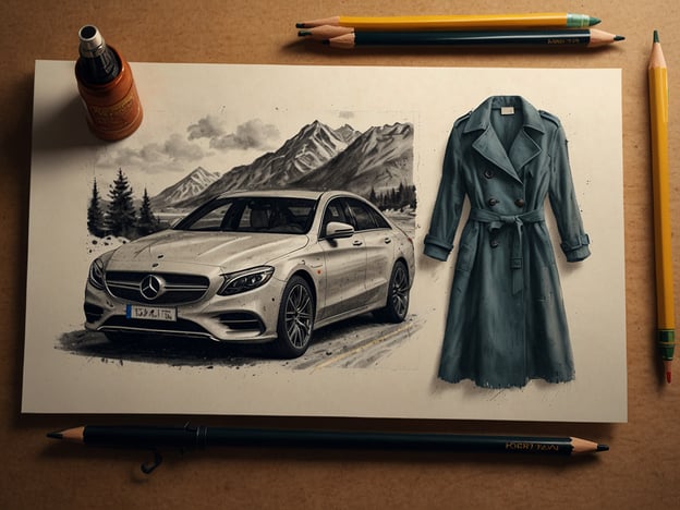 Auf dem Bild ist eine künstlerische Darstellung eines silbernen Autos (Mercedes) und eines langen, blauen Trenchcoats zu sehen, umgeben von Bleistiften und einer Tinte.**Praktische Reisetipps:**1. **Auto mieten:** Wenn du ein ähnliches Auto mietest, achte darauf, die Verkehrsgesetze des Landes zu kennen und ein Navigationssystem zu verwenden, um dich zurechtzufinden.2. **Kleidung packen:** Ein Trenchcoat ist ideal für verschiedene Wetterbedingungen. Überlege, einen leichten Pulli oder eine Jacke einzupacken, falls es kühler wird.3. **Zubehör:** Denk an Dinge wie Ladegeräte für elektronische Geräte, Snacks für die Fahrt und eine Wasserflasche.4. **Vorbereitung auf verschiedene Klimazonen:** Wenn du verschiedene Orte besuchst, informiere dich über das Wetter und plane entsprechend.5. **Reiseversicherung:** Es ist klug, eine Reiseversicherung abzuschließen, falls unerwartete Ereignisse eintreten.Damit bist du gut vorbereitet für deine nächste Reise!