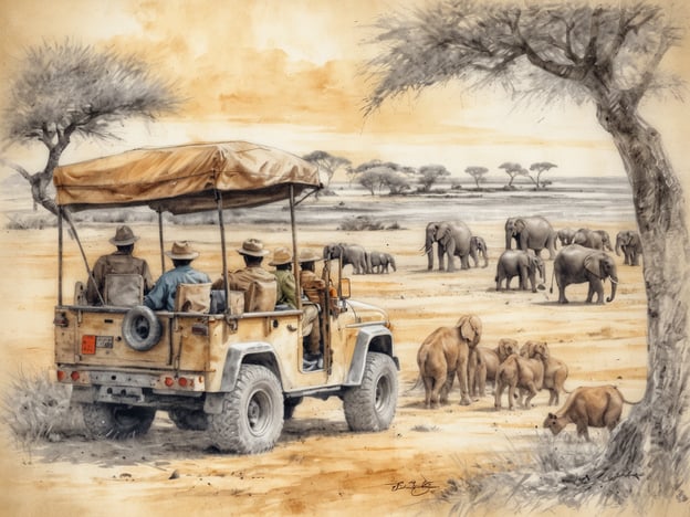 Eine Safari-Szene in Tansania ist zu sehen, mit einem gelben Geländewagen, in dem mehrere Touristen sitzen und die Umgebung betrachten. Im Vordergrund sind eine Gruppe von Elefanten, darunter auch Jungtiere, die in der savannenartigen Landschaft grasen. Im Hintergrund sind weitere Elefanten und einige Akazienbäume sichtbar, die die typische Landschaft Tansanias charakterisieren. Die gesamte Szene vermittelt ein Gefühl von Abenteuer und Naturverbundenheit in der afrikanischen Wildnis.