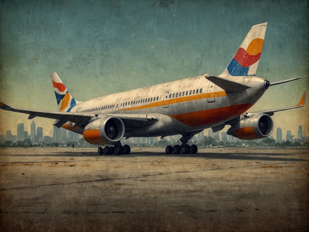 Auf dem Bild ist ein großes Passagierflugzeug zu sehen, das auf einer Landebahn steht. Das Flugzeug hat eine markante Farbgestaltung mit orange und blau. Im Hintergrund sind unscharf urbane Strukturen oder Gebäude erkennbar.Wenn du nach den günstigsten Flügen suchst, empfehle ich, verschiedene Flugvergleichsportale zu nutzen, um Preise zu vergleichen und die besten Angebote zu finden. Beliebte Websites sind Skyscanner, Kayak oder Google Flights. Dort kannst du nach gewünschten Reisedaten und Zielen suchen, um die besten Preisoptionen zu finden.
