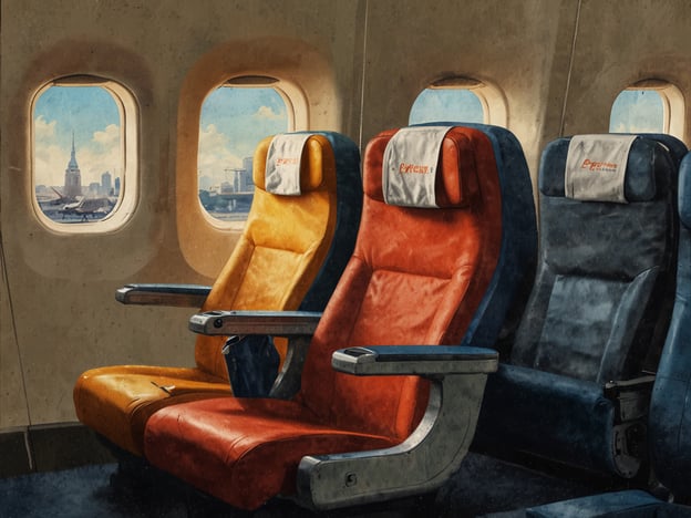 Auf dem Bild sind drei Flugzeugsitze in einer Kabine zu sehen. Die Sitze sind in verschiedenen Farben (orange, gelb und blau) und scheinen gemütlich zu sein. Durch die Fenster sieht man eine Stadtansicht mit Wolkenkratzern.Wenn du eine Flugbuchung optimieren möchtest, achte darauf, rechtzeitig zu buchen und verschiedene Fluggesellschaften zu vergleichen. Bevorzuge flexible Optionen, um bei Bedarf Änderungen vornehmen zu können. Ein Sitzplatz am Fenster könnte zudem eine schöne Aussicht während des Flugs bieten!