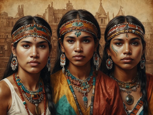 Auf dem Bild sind drei Frauen zu sehen, die traditionelle Kleidung und Schmuck tragen, die möglicherweise mit indigenen Kulturen Nordamerikas verbunden sind. Ihre umfangreichen Halsketten, Armreifen und Stirnbänder sind reich verziert und spiegeln die Handwerkskunst und kulturelle Identität ihrer Gemeinschaft wider.Jede Frau hat ihren individuellen Ausdruck und trägt Elemente, die auf verschiedene regionale Stile oder Traditionen hinweisen könnten. Die Verwendung von Naturmaterialien wie Muscheln, Stein und Leder im Schmuck ist typisch für viele indigene Völker und zeigt eine tiefe Verbindung zur Natur.Der Hintergrund mit historischen Gebäuden könnte eine Anspielung auf die alten Zivilisationen und deren architektonische Meisterwerke sein, die einen bedeutenden Teil der kulturellen Geschichte dieser Regionen darstellen. Dieses Bild verkörpert nicht nur die Schönheit der dargestellten Personen, sondern auch die reiche und vielfältige Geschichte der indigenen Völker.