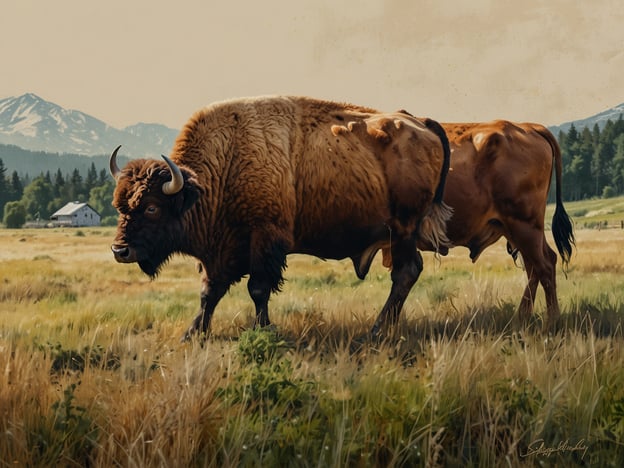 Auf dem Bild sind ein Bison und eine Kuh in einer ländlichen Umgebung zu sehen, umgeben von Wiesen und Bergen. Dies erinnert an kulinarische Highlights und lokale Spezialitäten, die in solchen Regionen oft geschätzt werden.In vielen Gebieten, wo Bisons weiden, sind Gerichte wie Bisonsteaks oder -burger sehr beliebt, da das Fleisch mager und reich an Geschmack ist. Außerdem können Produkte wie handgemachter Käse aus der Milch von Kühen, die in der Umgebung leben, ein weiterer kulinarischer Höhepunkt sein. Auch regionale Spezialitäten wie Wildgerichte oder traditionelle Eintöpfe, oft mit Zutaten aus der Natur, sind in diesen ländlichen Gebieten verbreitet und ziehen Feinschmecker an.