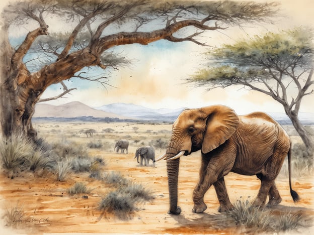 Eine Safari-Szene in Kenia mit einem majestätischen Elefanten, der durch die Savanne schreitet. Im Hintergrund sind weitere Elefanten zu sehen, zusammen mit akazienartigen Bäumen und einer sanften hügeligen Landschaft. Der Himmel ist in sanften Pastellfarben gehalten und vermittelt eine ruhige, natürliche Atmosphäre, die die Schönheit der kenianischen Tierwelt und der Landschaft unterstreicht.