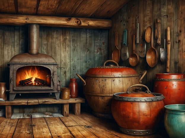 Auf dem Bild ist eine gemütliche, rustikale Küche zu sehen, die an traditionelle ländliche Szenen erinnert. Der Holzofen, der mit Holz befeuert wird, symbolisiert die Wärme und das Wohlbefinden, die in vielen Kulturen durch das gemeinsame Kochen und Beisammensein entstehen.
Die verschiedenen Töpfe, darunter große, bunte Gefäße, sind typische Elemente der traditionellen Küche und könnten für die Zubereitung herzlicher Gerichte verwendet werden, die oft in Gemeinschaft genossen werden. Holzutensilien, die an den Wänden hängen, sind ebenfalls ein Zeichen für handwerkliches Geschick und die Weitergabe von Kochtipps durch Generationen.
Die Verwendung von natürlichen Materialien wie Holz und Metall spiegelt die Verbindung zur Natur wider, die in vielen Kulturen geschätzt wird. Diese Art von Küche erinnert an Zeiten, in denen das Familienleben stark von der Zubereitung und dem Genuss gemeinsamer Mahlzeiten geprägt war.