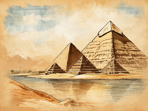 Eine historische Darstellung der Pyramiden in Ägypten, die majestätisch am Ufer eines Gewässers liegen. Im Hintergrund sind sanfte Hügel und Berge sichtbar, die die Wüstenlandschaft umrahmen. Der Himmel ist in sanften Blau- und Beigetönen gehalten, wodurch eine atmosphärische Stimmung entsteht, die die zeitlose Schönheit dieser antiken Monumente unterstreicht. Die Pyramiden sind detailliert skizziert und zeigen die markanten, stufenförmigen Strukturen, die für die Architektur der Alten Ägypter charakteristisch sind.