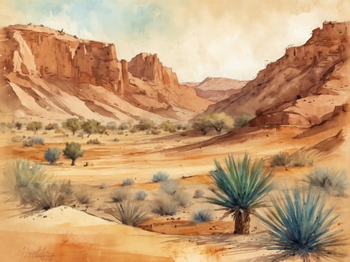 Eine weite Wüstenlandschaft in Marokko, geprägt von sanften, orangetönen Sanddünen und majestätischen Felsformationen. Im Vordergrund sind grüne, stachelige Pflanzen zu sehen, die sich harmonisch in die trockene Umgebung einfügen. Die Landschaft wird von einem klaren blauen Himmel überzogen, der sanft mit hellen Wolken durchzogen ist. Die Szene vermittelt das Gefühl von Ruhe und der einzigartigen Kultur der marokkanischen Wüste.