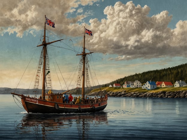 Auf dem Bild ist ein historisches Segelschiff zu sehen, das auf ruhigem Wasser fährt. Es zeigt eine idyllische Küstenlandschaft mit typisch bunten Häusern, die in der Nähe eines bewaldeten Hanges liegen. Die britischen Flaggen auf dem Schiff deuten auf maritime Traditionen hin, die stark mit der Geschichte des britischen Seehandels und der Erkundungsreisen verbunden sind.Diese Szenerie könnte eine Darstellung vergangener Zeiten sein, als das Segeln ein wesentlicher Teil des Lebens an der Küste war. Solche Bilder fördern das Verständnis für die Seefahrt und die Fischerei, die oft zentrale Rollen in den Traditionen und der wirtschaftlichen Geschichte vieler Küstengemeinden gespielt haben. Es zeigt auch die Harmonisierung zwischen Natur und menschlicher Besiedlung, ein wesentlicher Aspekt vieler Kulturen.