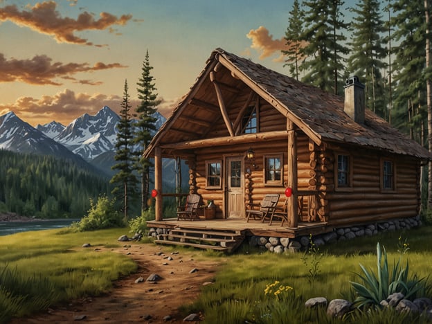 Auf dem Bild ist eine rustikale Hütte in einer idyllischen Landschaft zu sehen. Die Hütte ist aus Holz gebaut und verfügt über eine einladende Veranda mit Stühlen. Umgeben von hohen Bäumen und Bergen ist sie ideal für einen Rückzugsort in der Natur.In Bezug auf Unterkünfte könnte diese Hütte ein hervorragender Ort für einen Aufenthalt in der Natur sein, während man die Ruhe und Schönheit der Umgebung genießen kann.Was die Verpflegung betrifft, könnte man in der Nähe der Hütte ein Lagerfeuer machen und einfache Mahlzeiten im Freien zubereiten, oder in der Hütte selbst eine kleine Küche nutzen, um sich zu versorgen.