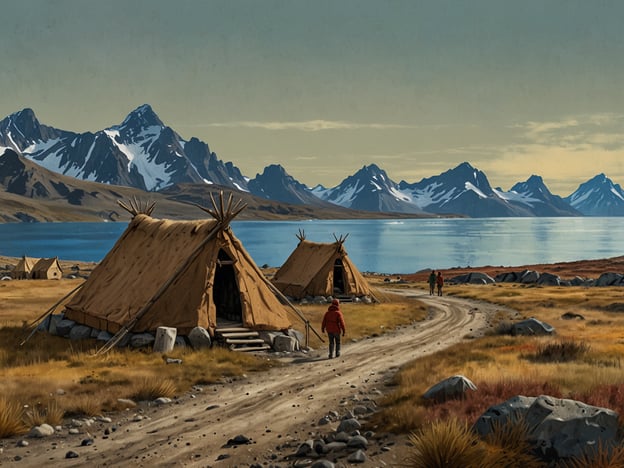 Auf dem Bild sind mehrere Zelte in einer tundraähnlichen Landschaft zu sehen, umgeben von Bergen und einem Gewässer im Hintergrund. Die Zelte scheinen aus Naturmaterialien gebaut zu sein und es gibt Personen, die auf einem Weg in der Nähe der Zelte gehen.**Warum Nunavut?**Nunavut ist eine Region in Kanada, die für ihre beeindruckenden Naturlandschaften bekannt ist, einschließlich Tundra, Berge und Gewässer. Die traditionelle Lebensweise der Inuit, die in dieser Region lebten, umfasst oft den Bau von Zeltähnlichen Behausungen, was sich in dem Bild widerspiegelt. Die Verbindung zur Natur und der Respekt vor der Umwelt sind zentrale Aspekte der Kultur in Nunavut.