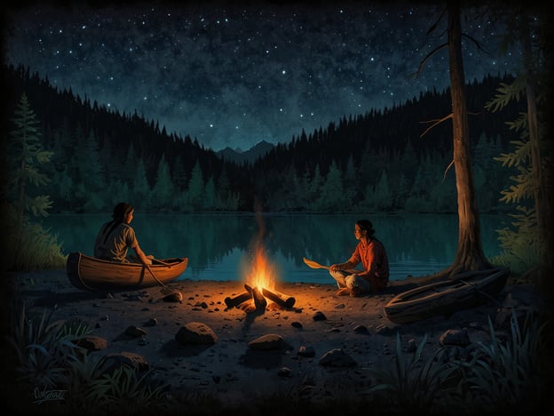 Auf dem Bild ist eine harmonische Szene am Ufer eines ruhigen Gewässers zu sehen, umgeben von majestätischen Bergen und tiefen Wäldern. Zwei Personen sitzen am Lagerfeuer, das warm leuchtet und eine gemütliche Atmosphäre schafft. Eine der Personen sitzt in einem Kanu, während die andere am Boden sitzt und mit einem Paddel spielt. Über ihnen erstreckt sich ein atemberaubender Nachthimmel voller Sterne.Dieses Bild vermittelt ein einzigartiges kulturelles Erlebnis, das die Verbundenheit mit der Natur und die traditionellen Lebensweisen betont. Es symbolisiert den Austausch von Geschichten und Wissen unter dem Sternenhimmel, ein wichtiger Bestandteil vieler Kulturen.