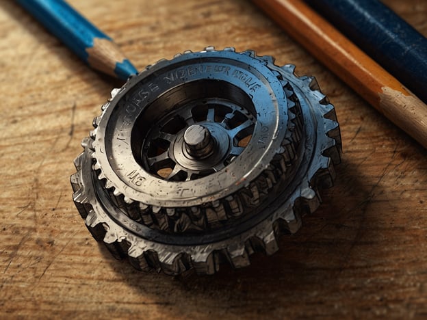 Auf dem Bild ist ein metallisches Zahnrad zu sehen, das auf einer Holzoberfläche liegt. Es hat ein detailliertes Design mit Zähnen und einem zentralen Loch. Neben dem Zahnrad liegen einige Bleistifte, einer in Blau und einer in Orange, was eine kreative und handwerkliche Atmosphäre vermittelt.In Bezug auf Planung und Vorbereitung könnte dies bedeuten, dass das Zahnrad Teil eines mechanischen Projekts ist, bei dem präzise Bauteile benötigt werden. Die Bleistifte könnten verwendet werden, um Skizzen oder Notizen zu machen, während man die Funktionsweise oder den Aufbau des Mechanismus plant. Solche Vorbereitungen sind entscheidend, um sicherzustellen, dass alle Teile korrekt zusammengesetzt sind und das Gesamtkonzept funktioniert.