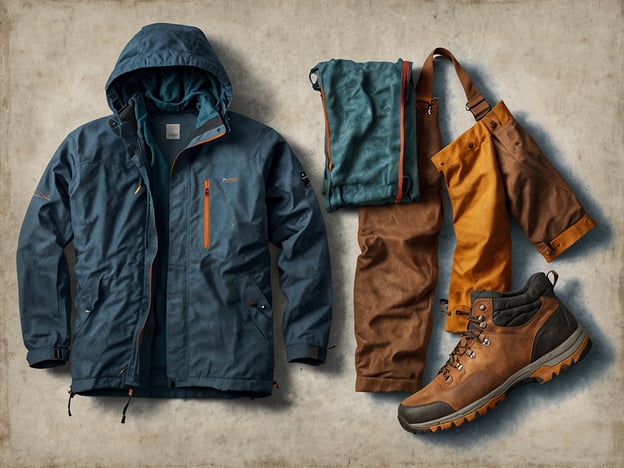Auf dem Bild sind verschiedene Kleidungsstücke und Ausrüstungsgegenstände zu sehen, die für Outdoor-Aktivitäten geeignet sind.1. **Jacke**: Eine dunkelblaue Winterjacke mit Kapuze und orangefarbenen Details.2. **Pullover**: Ein türkisfarbener Pullover, der unter der Jacke getragen werden kann.3. **Hosen**: Zwei Hosen sind zu sehen, eine braune Hose und eine orangefarbene Überhose, die sich gut für nasses Wetter eignet.4. **Schuhe**: Ein Paar braune Wanderboots mit Schnürung und robuster Sohle, die für unwegsames Gelände geeignet sind.Die Kleidung und Ausrüstung wirken strapazierfähig und bequem, ideal für Aktivitäten in der Natur.