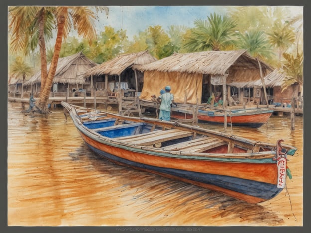 Eine farbenfrohe Wassercolor-Darstellung zeigt Boote mit orange-blauen Rümpfen, die am Ufer eines schmalen Gewässers vor rustikalen Hütten aus Palmblättern liegen. Einige Menschen in auffälligen Kleidern stehen am Wasser oder in den Hütten, umgeben von üppigem, grünem Palmenbewuchs. Das Wasser spiegelt die goldene Farbe wider, während die Szenerie eine entspannte, ländliche Atmosphäre ausstrahlt, die das Leben in Gambia widerspiegelt.