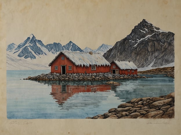Auf dem Bild ist eine malerische Szene zu sehen, die ein rotes Gebäude mit einem schneebedeckten Dach darstellt, das auf einer kleinen Insel in einem ruhigen Gewässer steht. Im Hintergrund ragen majestätische, schneebedeckte Berge empor, die die Schönheit der Natur in einer abgelegenen Region widerspiegeln.Kulturell betrachtet könnte diese Darstellung auf die nordischen Länder, insbesondere Norwegen oder Schweden, hinweisen, wo solche Ansiedlungen typisch sind. In vielen skandinavischen Kulturen wird eine tiefgründige Verbindung zur Natur gepflegt, und die Architektur dieser Region ist oft durch die Nutzung von Holz und die Anpassung an die rauen klimatischen Bedingungen gekennzeichnet.Zusätzlich könnte der ruhige Wasserspiegel, der das Bild reflektiert, auf eine Philosophie des Respekts gegenüber der Umwelt hinweisen. In diesen Kulturen ist es wichtig, mit der Natur im Einklang zu leben und deren Schönheit zu schätzen. Solche Darstellungen werden oft in der Kunst genutzt, um diese Werte zu transportieren.