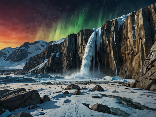 Auf dem Bild sind beeindruckende natürliche Landschaften zu sehen. Im Vordergrund fließt ein Wasserfall, der von hohen, zerklüfteten Felsen umgeben ist. Die Felsen sind schroff und majestätisch, während im Hintergrund majestätische schneebedeckte Berge zu sehen sind. Ein atemberaubendes Phänomen des Polarlichts erleuchtet den Himmel in verschiedenen Grüntönen, was eine mystische Atmosphäre schafft.Aktivitäten, die man in dieser Umgebung unternehmen könnte, sind Wandern und Fotografieren der beeindruckenden Landschaften. Man könnte auch die Aurora Borealis beobachten, was zu einem unvergesslichen Erlebnis führt. Zudem wäre das Erkunden der nahegelegenen Gletscher und die Erkundung der Naturschönheiten eine spannende Möglichkeit, die Region zu genießen.