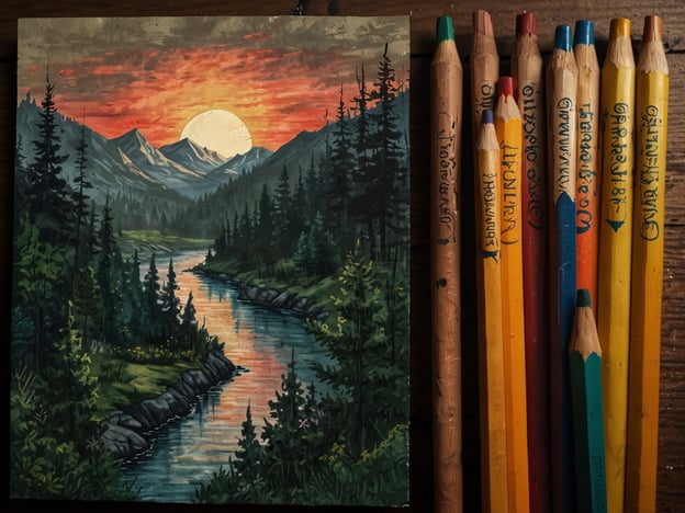 Auf dem Bild ist eine malerische Landschaftszene zu sehen, die einen Sonnenuntergang über einem fließenden Gewässer zeigt, umgeben von Bergen und Wäldern. Die warmen Farben des Himmels spiegeln sich im Wasser wider und schaffen eine friedliche, harmonische Atmosphäre. Neben dem Bild liegen verschiedene Buntstifte, die darauf hindeuten, dass diese Szene vielleicht selbst gezeichnet oder gestaltet wurde.Die Faszination für die Antarktis kommt unter anderem von ihrer unberührten Schönheit und der rauen, aber beeindruckenden Natur. Diese abgelegene Region, bekannt für ihre majestätischen Eislandschaften und das einzigartige Ökosystem, zieht Forscher und Abenteurer gleichermaßen an. Die Antarktis ist ein Ort, der sowohl in seiner Stille als auch in seinen extremen Bedingungen eine unvergleichliche Inspiration bietet, ähnlich wie die Szene, die hier liebevoll dargestellt wurde.