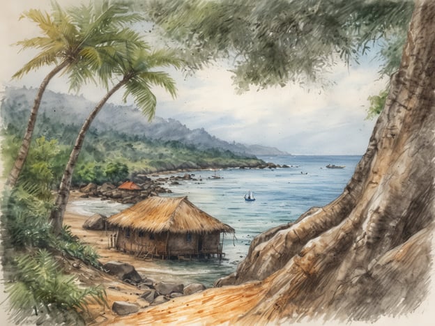 Eine malerische Küstenlandschaft in Sierra Leone zeigt sanfte Strände mit einer kleinen Strohhütte direkt am Wasser. Palmen rahmen die Szene ein, während im Hintergrund sanfte Hügel die Küstenlinie umgeben. Einige Boote sind im ruhigen Wasser zu sehen, und die allgemeine Atmosphäre strahlt Ruhe und Schönheit aus. Die Mischung aus Natur und menschlicher Präsenz spiegelt die Verbindung von Stränden und Geschichte wider.