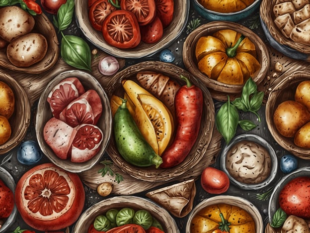 Auf dem Bild sind verschiedene kulinarische Zutaten zu sehen, die in rustikalen Schalen angeordnet sind. Es gibt eine bunte Auswahl an frischem Gemüse und Obst, darunter Tomaten, Paprika, Zucchini und verschiedene Sorten von Zitrusfrüchten. Diese Zutaten könnten die Basis für lokale Spezialitäten wie frisch zubereitete Salate, Ratatouille oder bunte Gemüsegerichte sein.Besonders auffällig sind die leuchtenden Farben der Früchte und die Vielfalt der Formen, die an einen Wochenmarkt erinnern, wo man die frischesten Produkte der Region findet. Solche kulinarischen Erlebnisse sind ein wichtiger Teil der lokalen Küche und spiegeln die Frische und die Geschmäcker der Umgebung wider.