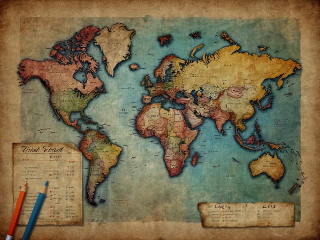Auf dem Bild ist eine Weltkarte zu sehen, die in einem alten, historischen Stil gestaltet ist. Um die Karte optimal nutzen zu können, ist Planung und Vorbereitung wichtig. Man könnte beispielsweise damit beginnen, bestimmte Regionen oder Länder auszuwählen, die für eine Reise oder ein Projekt von Interesse sind. Dabei wäre es sinnvoll, sich die wichtigsten Informationen zu den gewählten Gebieten zu notieren, um eine fundierte Entscheidung zu treffen.Zusätzlich könnte man Farbstifte oder Marker verwenden, um verschiedene Länder oder Themen auf der Karte hervorzuheben. Eine systematische Herangehensweise würde es erleichtern, die Karte effektiv zu nutzen und alle relevanten Details zu erfassen.