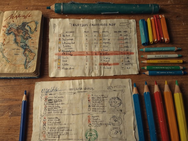 Auf dem Bild sind verschiedene Gegenstände zu sehen, die mit Reisetipps und Planungen in Verbindung stehen. Es gibt ein Notizbuch mit einer Landkarte, auf der anscheinend Nordamerika dargestellt ist. Daneben liegen handschriftliche Notizen mit Auflistungen und möglicherweise einer Checkliste für Reisen.**Praktische Reisetipps:**1. **Reisevorbereitung**: Organisiere deine Reise im Voraus und führe eine Checkliste, ähnlich wie auf dem Notizblatt, um nichts Wichtiges zu vergessen.2. **Reisebudget**: Erstelle ein Budget und halte die Ausgaben fest. Ein einfaches System zur Verfolgung kann dir helfen, deine Finanzen im Griff zu behalten.3. **Dokumentation**: Nutze ein Notizbuch, um Erfahrungen festzuhalten, wichtige Informationen zu speichern und Erinnerungen zu sammeln.4. **Materialien**: Packe notwendige Schreibmaterialien (Stifte, Marker) ein, um deine Pläne und Gedanken jederzeit festhalten zu können.5. **Karten und Routen**: Informiere dich über die Orte, die du besuchen willst. Eine gedruckte Karte kann auch in Gebieten ohne Internetverbindung nützlich sein.6. **Flexibilität**: Sei bereit, deine Pläne anzupassen. Nicht immer läuft alles nach Plan, also halte dir Freiräume für spontane Entdeckungen.