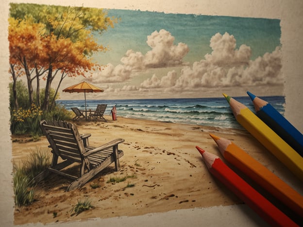 Auf dem Bild ist eine wunderschöne Strandlandschaft zu sehen, mit einem Liegestuhl, einem Sonnenschirm und einer ruhigen Meereskulisse. Die Farben der Bäume deuten auf eine herbstliche Atmosphäre hin.Für Queensland sind die besten Reisezeiten von März bis Mai und von September bis November. In diesen Monaten sind die Temperaturen angenehm und es gibt weniger Regen, ideal für Strandaktivitäten und Erkundungstouren.