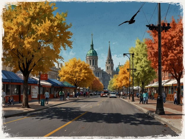 Auf dem Bild ist eine malerische Straße zu sehen, die von bunten Bäumen gesäumt ist und herbstliche Farben zeigt. Die Gebäude scheinen Geschäfte oder Cafés zu sein, und es sind Menschen unterwegs. Diese Szenerie erinnert an die charmante Atmosphäre von Victoria, Kanada, besonders im Herbst.Die beste Reisezeit für Victoria ist von Mai bis September, wenn das Wetter mild und die Blumen in voller Blüte stehen. Der Herbst, besonders im Oktober, bietet jedoch auch eine wunderschöne Kulisse mit farbenfrohem Laub, die viele Besucher anzieht.