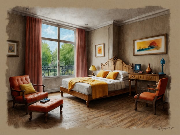 Auf dem Bild ist ein gemütliches Zimmer zu sehen, das gut gestaltet und einladend wirkt.**Budget-Unterkünfte:** Das Zimmer könnte in einem günstigen Bed-and-Breakfast oder einem einfachen Hotel untergebracht sein. Die Farben und die Möbel sind schlicht, jedoch funktional.**Mittelklasse-Unterkünfte:** In einem Mittelklassehotel könnte ein solches Zimmer ebenfalls anzutreffen sein, da es eine angenehme Atmosphäre und grundlegende Annehmlichkeiten bietet.**Luxus-Unterkünfte:** Auch in einem luxuriösen Hotel könnte man ein solches Zimmer finden, wobei es möglicherweise stilvoller dekoriert und mit hochwertigen Materialien ausgestattet wäre, während es trotzdem schlicht und elegant bleibt.Insgesamt vermittelt das Zimmer ein Gefühl von Komfort und Behaglichkeit, unabhängig von der Preisklasse.