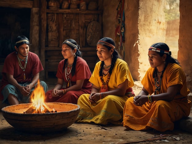 Auf dem Bild sind vier Personen zu sehen, die um ein zentrales Feuer herum sitzen. Sie tragen traditionelle Kleidung und Schmuck, was auf ihre indigene Kultur hinweist. Das Feuer ist in einem großen, flachen Gefäß angelegt, und die Umgebung scheint eine Art gemeinschaftlicher Raum oder traditionelle Hütte zu sein.Die indigenen Kulturen haben oft eine tiefe Verbindung zur Natur und zu symbolischen Praktiken, die für Gemeinschaftsleben, Spiritualität und Bräuche wichtig sind. Das Sitzen um das Feuer könnte eine Zeremonie oder ein gemeinsames Treffen darstellen, das für den Austausch von Geschichten, Wissen oder Traditionen steht. Feuerrituale sind in vielen indigenen Gemeinschaften von großer Bedeutung und symbolisieren oft Licht, Wärme und Gemeinschaft.