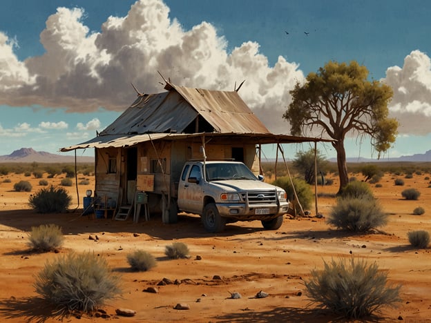 Auf dem Bild ist eine abgelegene Hütte in einer Wüstenlandschaft zu sehen, zusammen mit einem Fahrzeug und einigen vereinzelten Büschen. Diese Szenerie könnte typischerweise für das Northern Territory in Australien stehen.**Praktische Reisetipps für das Northern Territory:**1. **Wasser mitnehmen:** Die Temperaturen können extrem hoch sein, daher ist es wichtig, ausreichend Wasser dabei zu haben, besonders wenn man wandert oder die Natur erkundet.2. **Sonnenschutz:** Verwenden Sie Sonnencreme, einen Hut und Sonnenbrillen, um sich vor der starken Sonne zu schützen.3. **Fahrzeug:** Ein robustes Geländewagen ist ideal, um die abgelegenen Gebiete zu erreichen und unbefestigte Straßen zu befahren.4. **Respekt vor der Natur:** Halten Sie sich an die Regeln der Parks und respektieren Sie die Tierwelt und die kulturellen Stätten der Aborigines.5. **Planung:** Informieren Sie sich im Voraus über Unterkünfte, da die Verfügbarkeit in abgelegenen Gebieten eingeschränkt sein kann.6. **Notfallkontakte:** Stellen Sie sicher, dass Sie eine Notfallausrüstung und Kontaktinformationen für Hilfe bereit haben, da Mobilfunkverbindungen in vielen Bereichen schwach sein können.