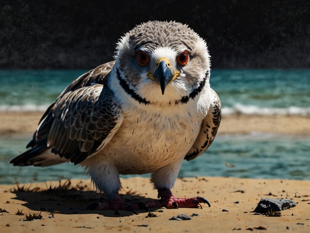 Auf dem Bild ist ein beeindruckender Vogel zu sehen, der in seiner majestätischen Erscheinung und markanten Farbgebung besticht. Mit einem weißen Gefieder, das von sanften Grautönen durchzogen ist, und leuchtend roten Augen wirkt dieser Vogel sowohl majestätisch als auch etwas einschüchternd.Der Lebensraum scheint an einem Küstenstrich zu sein, wo der sandige Boden und das glitzernde Wasser eine harmonische Kulisse bilden. Vielleicht befindet sich dieser Vogel in einer Beobachtungsposition, bereit, seine Umgebung auf Nahrung zu scannen – ein wahres Meisterwerk der Anpassung an die Natur, das sich sowohl elegant als auch furchtlos zeigt.Ein faszinierendes Beispiel für die Vielfalt der Vogelwelt, das die Aufmerksamkeit eines jeden Naturbeobachters auf sich ziehen würde.