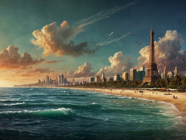 Warum Sydney ein Top-Reiseziel ist: Die Stadt bietet eine beeindruckende Mischung aus atemberaubenden Stränden, lebendiger Kultur und ikonischer Architektur.Auf dem Bild ist eine surrealistische Darstellung zu sehen, die sowohl Elemente einer Küstenstadt als auch den Eiffelturm, ein bekanntes Wahrzeichen von Paris, kombiniert. Entlang des Strandes sieht man Wellen, Palmen und eine Skylinesilhouette, die an moderne Städte erinnert. Diese kreative Mischung erklärt den Charme eines Reis Ziels, wo verschiedene kulturelle Highlights zusammenkommen.