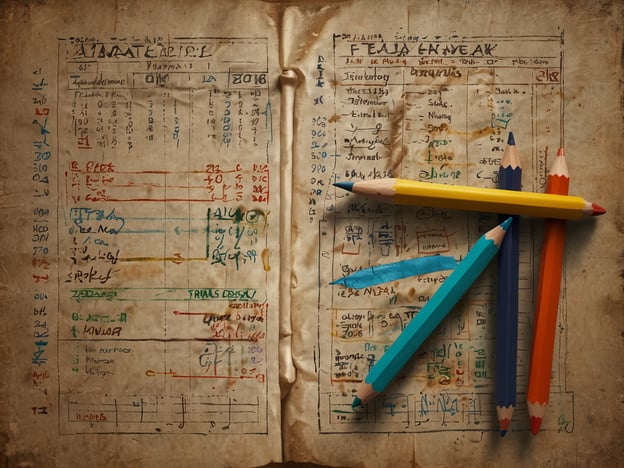 Auf dem Bild ist ein offenes, antikes Buch oder ein Notizbuch zu sehen, das handschriftliche Aufzeichnungen in verschiedenen Farben enthält. Es scheint, als wären Daten und Listen notiert, möglicherweise von Reisen oder Veranstaltungen. Darüber liegen mehrere Buntstifte in verschiedenen Farben, die einen kreativen Aspekt hinzufügen.In Bezug auf "Flexible Reisezeiten: Der Schlüssel zu günstigen Flügen" lässt sich sagen, dass solche handschriftlichen Aufzeichnungen möglicherweise Hinweise auf geplante Reisen oder Preisvergleiche darstellen könnten. Flexible Reisedaten können helfen, günstigere Flugpreise zu finden, indem man die besten Tage für Flüge untersucht und sich möglicherweise an ähnliche Aufzeichnungen anlehnt.