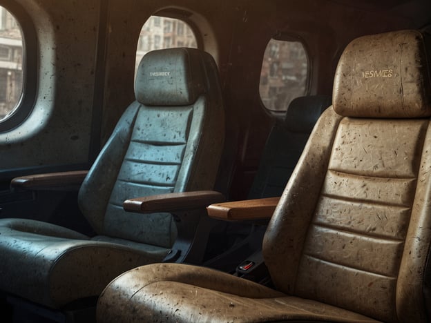Auf dem Bild sind zwei Flugzeugsitze zu sehen, die sich in einem Innenraum befinden. Die Sitze sind unterschiedlich gefärbt; einer ist hellbraun und leicht verschmutzt, während der andere in einem bläulichen Farbton gehalten ist und ebenfalls Anzeichen von Schmutz aufweist. Der Raum wirkt etwas düster, und es sind Fenster im Hintergrund erkennbar.Wenn du nach Flügen suchst, kannst du Tools und Apps wie Skyscanner oder Google Flights verwenden, um Flüge zu vergleichen und die besten Optionen zu finden.
