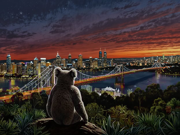 Auf dem Bild sieht man einen Koala, der auf einem Hügel sitzt und auf die Skyline von Brisbane blickt, während die Sonne untergeht. Die Brücke im Vordergrund sowie die beleuchteten Wolkenkratzer im Hintergrund sind typische Sehenswürdigkeiten von Brisbane. Erlebe die Sehenswürdigkeiten von Brisbane, während du die beeindruckende Aussicht auf die Stadt und die natürliche Schönheit der Umgebung genießt.