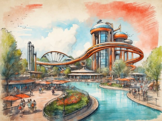 Auf dem Bild ist eine künstlerische Darstellung eines Freizeitparks zu sehen. Es zeigt futuristische Gebäude, einen Wasserlauf und Attraktionen, darunter eine Achterbahn, die über einen Teil des Parks verläuft. Menschen sind auf den Wegen und in der Umgebung zu sehen, was auf eine belebte Atmosphäre hindeutet.
Was ist der PowerPark? Der PowerPark ist ein Freizeitpark in Finnland, der sich durch zahlreiche Fahrgeschäfte, Attraktionen und Unterhaltungsmöglichkeiten auszeichnet. Er bietet sowohl für Familien als auch für Adrenalin-Junkies viele Aktivitäten, darunter Achterbahnen, Wasserattraktionen und Spielbereiche.
