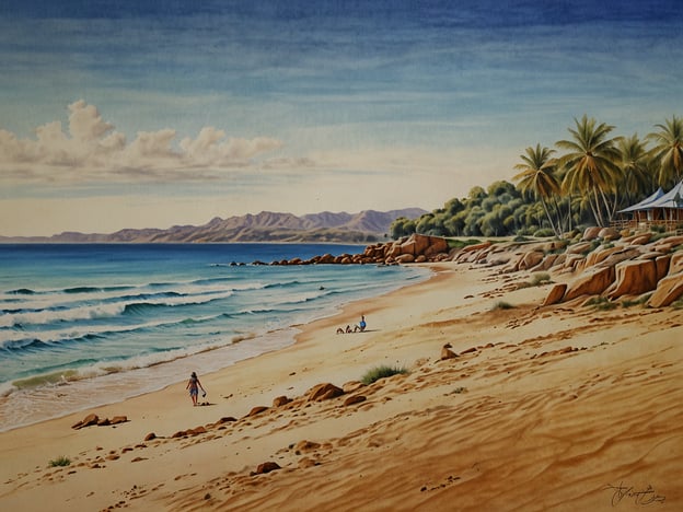 Auf dem Bild ist eine schöne Küstenlandschaft mit einem Strand und sanften Wellen zu sehen. Dieses Szenario erinnert an einige der atemberaubenden Strände in Perth, wie zum Beispiel den Cottesloe Beach, der bekannt für seinen goldenen Sand und die lebhafte Atmosphäre ist.Aktivitäten, die man dort unternehmen kann, sind zum Beispiel Schwimmen, Surfen oder einfach einen entspannenden Spaziergang am Strand. Auch das Beobachten des Sonnenuntergangs über dem Indischen Ozean ist sehr beliebt in Perth. Die palmengesäumte Küste vermittelt ein tropisches Flair, ähnlich wie am Scarborough Beach, wo viele Leute gerne relaxen und die Freizeit genießen.