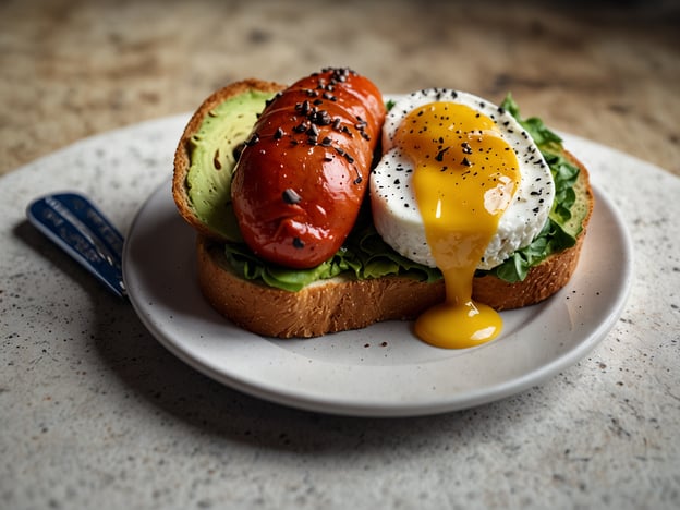Auf dem Bild sieht man ein köstliches Frühstücksgericht. Die Hauptbestandteile sind:- **Avocado**: Eine gesunde, cremige Ergänzung, die oft in vielen Frühstücksgerichten und in der modernen Küche beliebt ist.- **Ein gegrilltes oder gebratenes Ei**: Die gelbe Eigelbfüllung ist perfekt gegart und läuft beim Anschneiden aus, was für ein köstliches Aroma sorgt.- **Tomate**: In Form einer zarten, gegrillten oder marinierten Variante, die zusätzliche Frische und Geschmack bringt.- **Salatblätter**: Diese sorgen für eine knackige Textur und einen gesunden Aspekt.- **Vollkornbrot**: Eine vielseitige Basis, die Nährstoffe liefert und das Gericht abrundet.Diese Kombination ist nicht nur lecker, sondern auch gesund und repräsentiert viele kulinarische Highlights, die in modernen Frühstücks-Bistros häufig zu finden sind.