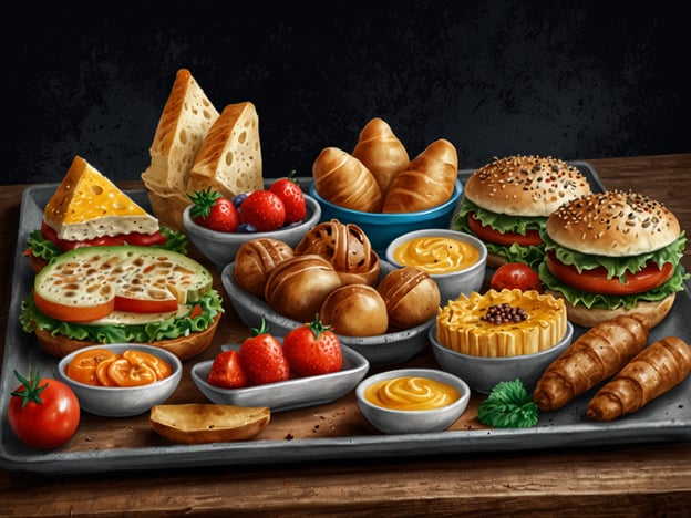 Auf dem Bild präsentiert sich ein köstliches Buffet voller Gaumenfreuden und visueller Köstlichkeiten. Ein rustikales Tablett ist reich gefüllt mit verführerischen Speisen:
Im Vordergrund sehen wir frische, knackige Sandwiches, liebevoll geschichtet mit frischem Gemüse und geschmolzenem Käse. Daneben laden goldene, knusprige Brötchen zu einem Biss ein. Herrlich saftige Burger, mit Sesamkruste, stechen ins Auge, garniert mit knackigem Salat und fruchtigen Tomaten.
Die Auswahl an süßen Versuchungen, wie saftigen Erdbeeren und kleinen Tartes, ergänzt das Bild und verspricht eine süße Verführung. Ganz im Sinne kulinarischer Erlebnisse regen diese Leckereien die Sinne an und versprechen Genuss für jeden, der an diesem Festmahl teilnimmt.