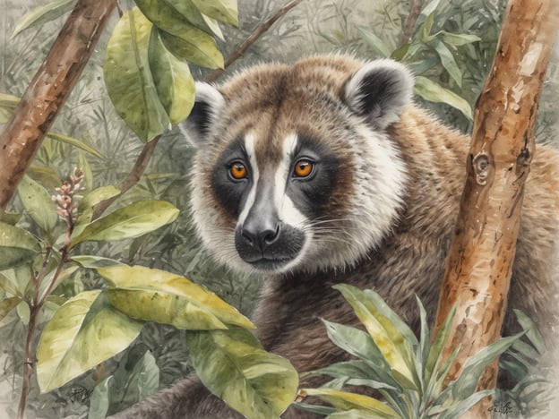 Ein Tier mit einem runden Gesicht und auffälligen orangefarbenen Augen sitzt zwischen grünen Blättern und Baumstämmen. Der Körper des Tieres ist von braunem Fell bedeckt, das einen weichen und flauschigen Eindruck macht. Die Umgebung ist üppig und zeigt eine tropische Pflanzenwelt, die typisch für die einzigartige Flora Madagaskars ist. Die natürliche Szenerie vermittelt ein Gefühl von Ruhe und Einsamkeit in der Wildnis.
