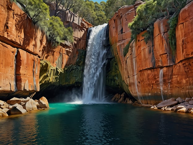 Auf dem Bild ist ein beeindruckender Wasserfall zu sehen, der aus einer hohen Klippe in ein klares, türkisfarbenes Wasserbecken stürzt. Die umgebenden roten Felsen und das üppige Grün der Bäume schaffen eine spektakuläre Kulisse, die Abenteurer und Entdecker anzieht.Für aktive Entdecker bietet die Umgebung viele Möglichkeiten:1. **Wanderungen**: Erkunde die Wanderwege, die zu diesem malerischen Punkt führen, und genieße die Natur.2. **Schwimmen**: Das einladende Wasserbeck bietet eine erfrischende Gelegenheit zum Schwimmen.3. **Fotografie**: Nutze die atemberaubende Landschaft für beeindruckende Fotos.4. **Klettern**: Die steilen Felsen könnten Abenteuerlustige zum Klettern einladen.5. **Picknicks**: Verbringe Zeit in der Natur mit einem Picknick in der Nähe des Wasserfalls.Insgesamt ist dies ein perfekter Ort für alle, die Abenteuer und Natur genießen möchten.