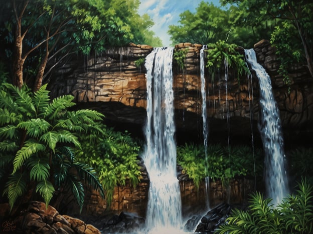 Auf dem Bild ist eine malerische Landschaft mit einem Wasserfall zu sehen, umgeben von üppigem Grün und tropischen Pflanzen.Die beste Reisezeit für solche tropischen Gebiete ist oft in der Trockenzeit, die je nach Region variieren kann, zum Beispiel zwischen November und April in vielen tropischen Klimazonen. Das Klima in diesen Regionen ist normalerweise warm und humid, was ideale Bedingungen für die üppige Vegetation schafft.